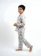 White Multi-Car Print Cotton Night Suit