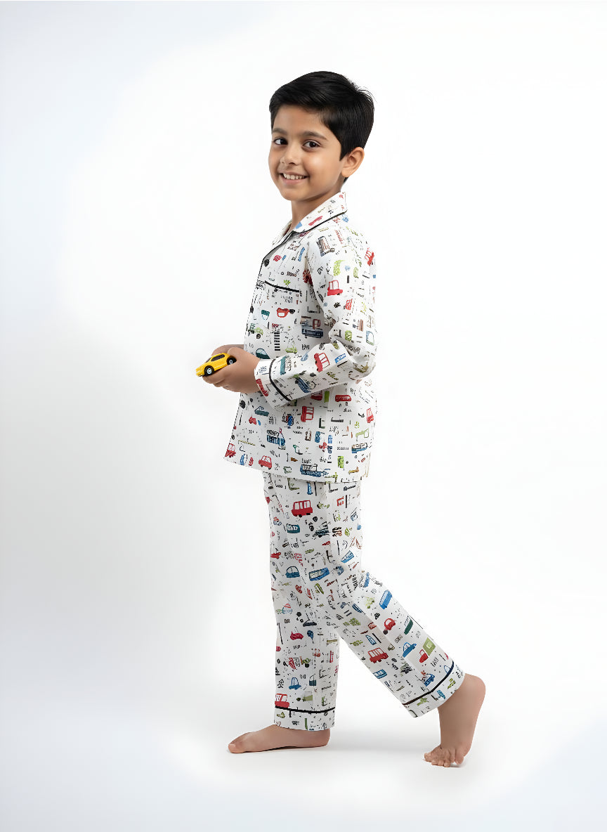 White Multi-Car Print Cotton Night Suit