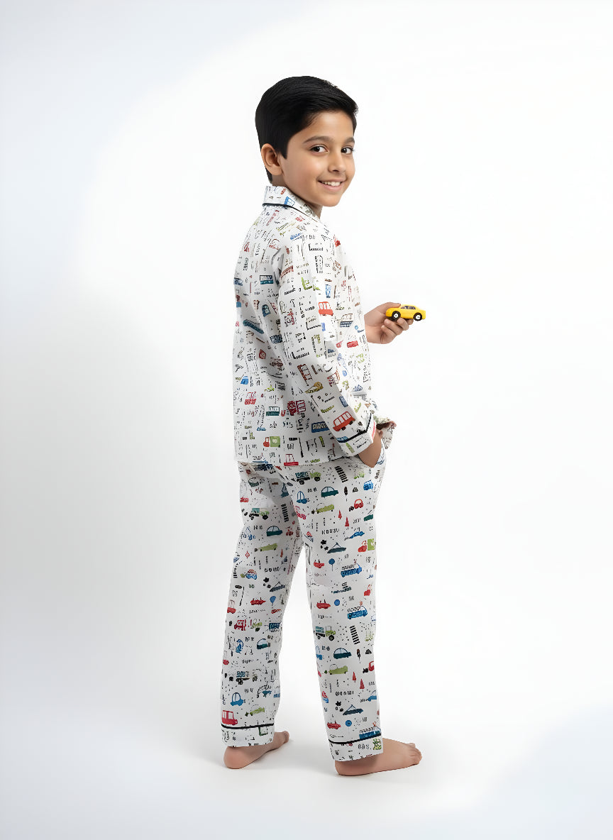 White Multi-Car Print Cotton Night Suit
