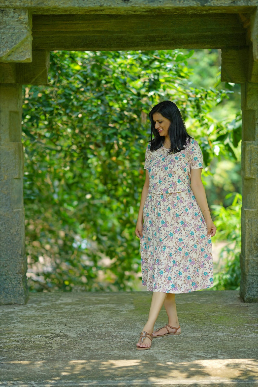 Pastel Floral Cotton Tiered Maternity Dress