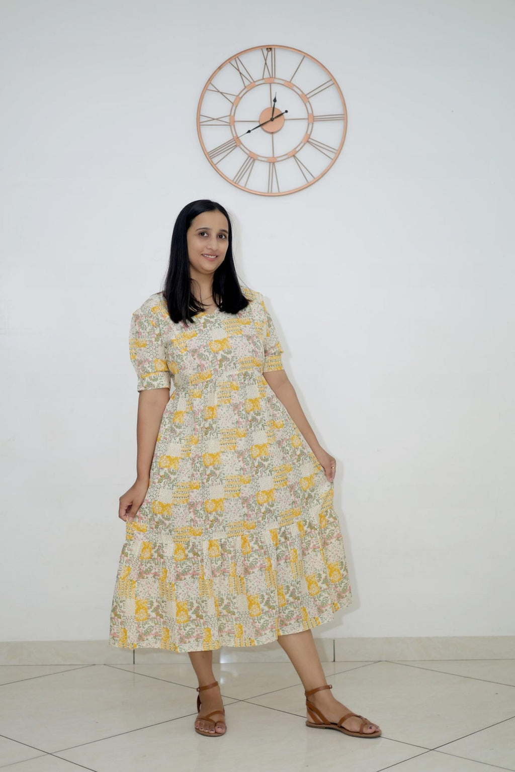 Pastel Yellow Floral Patchwork Maternity Dress