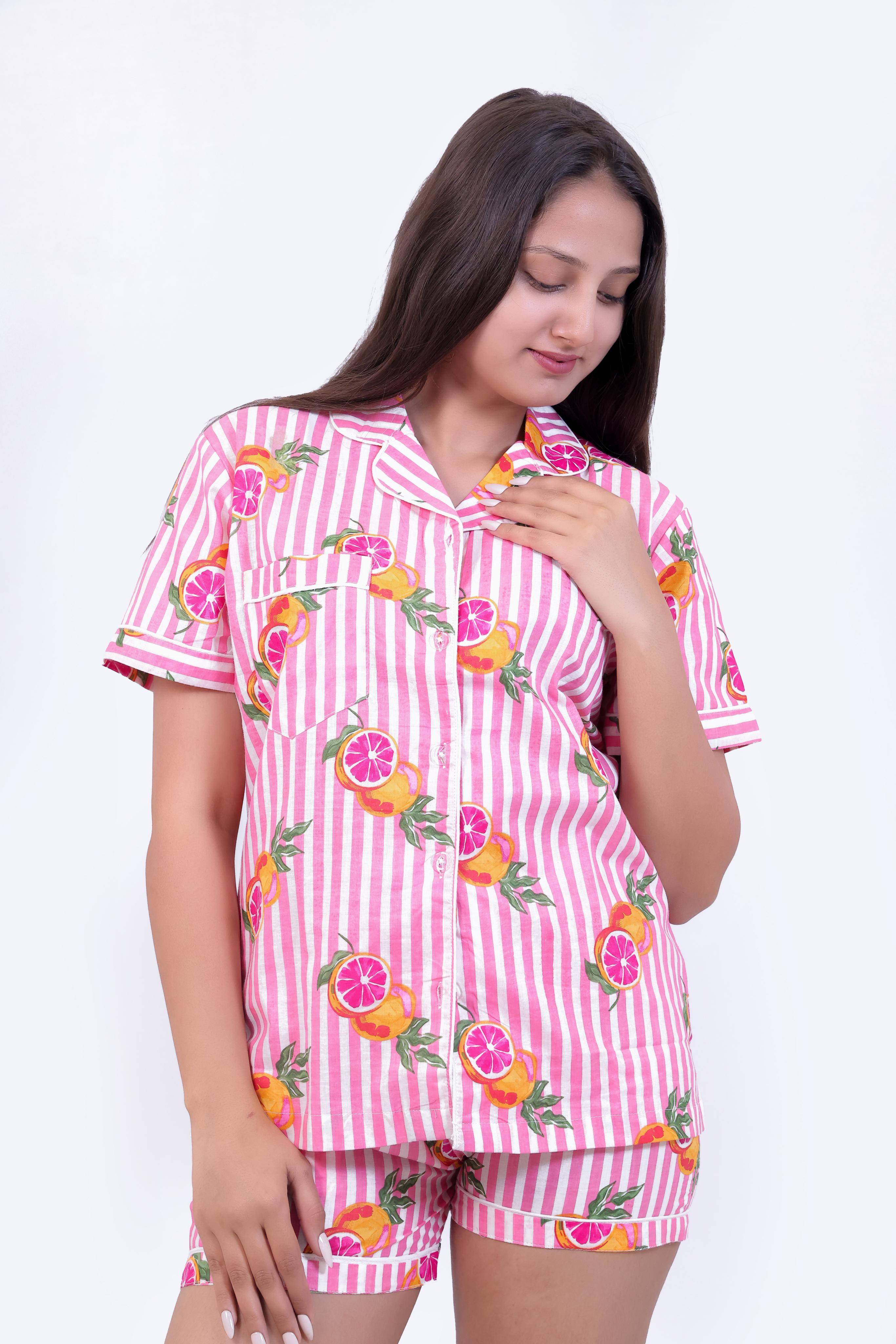 Pink Citrus Stripe Cotton Nightwear Set