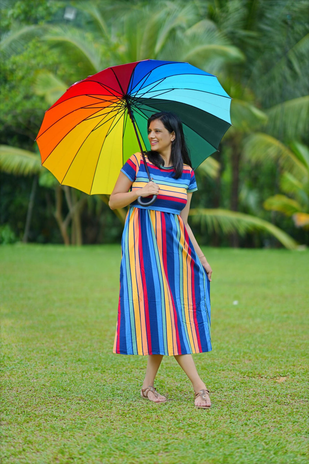 Rainbow Stripe High-Stretch Cotton Maternity Dress