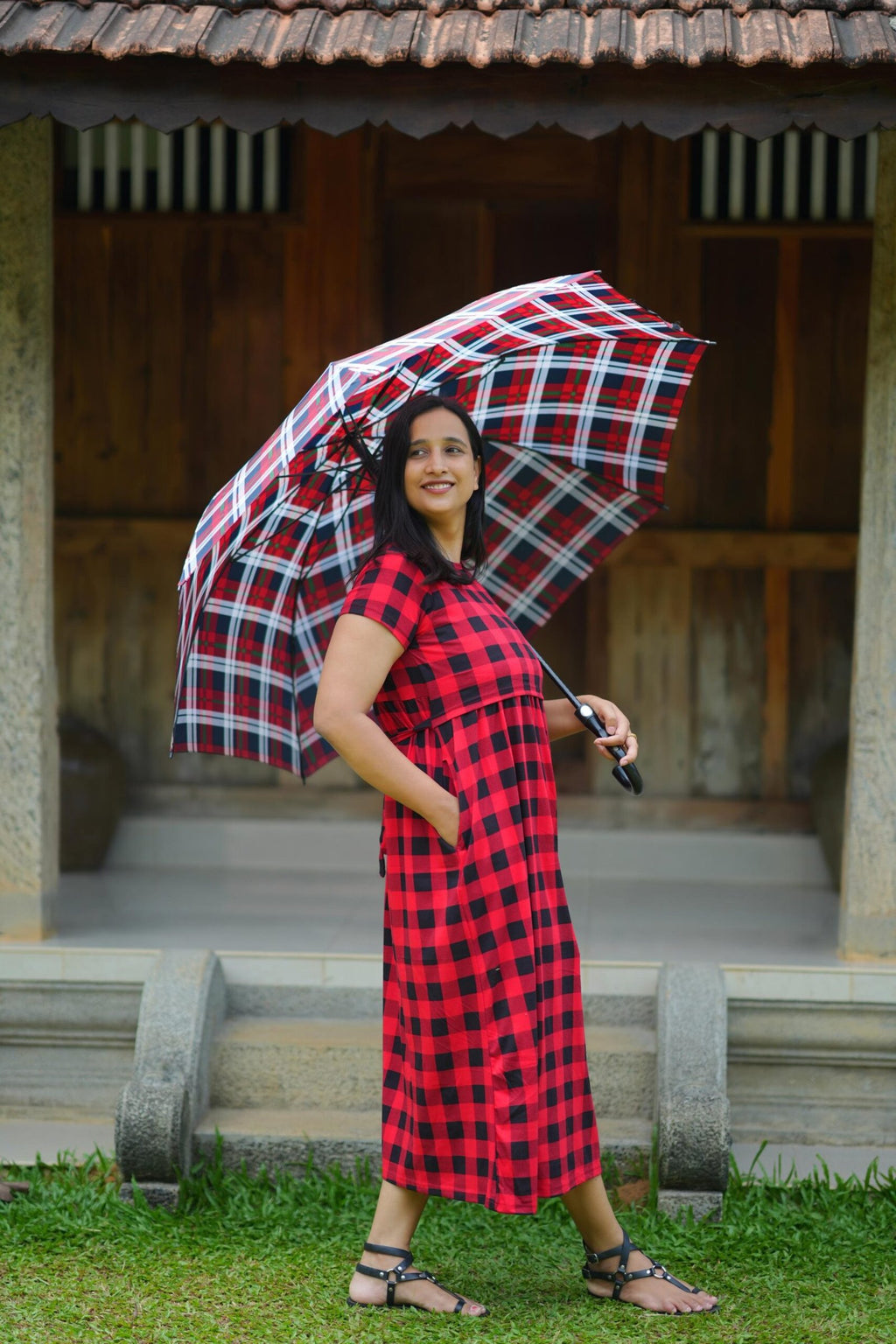 Red & Black Plaid Print High-Stretch Cotton Maternity Dress