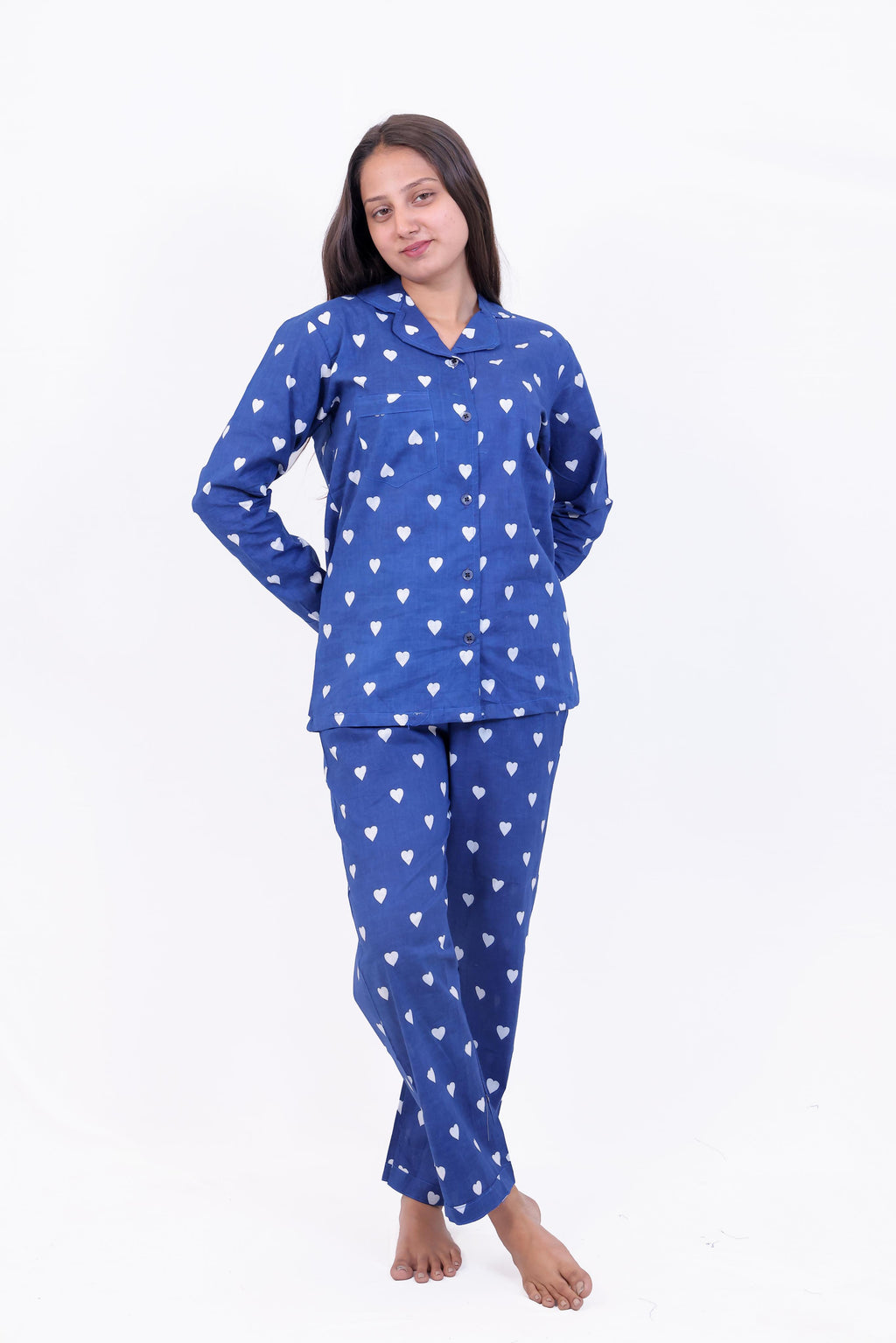 Royal Blue Heart Print Cotton Night Suit Set