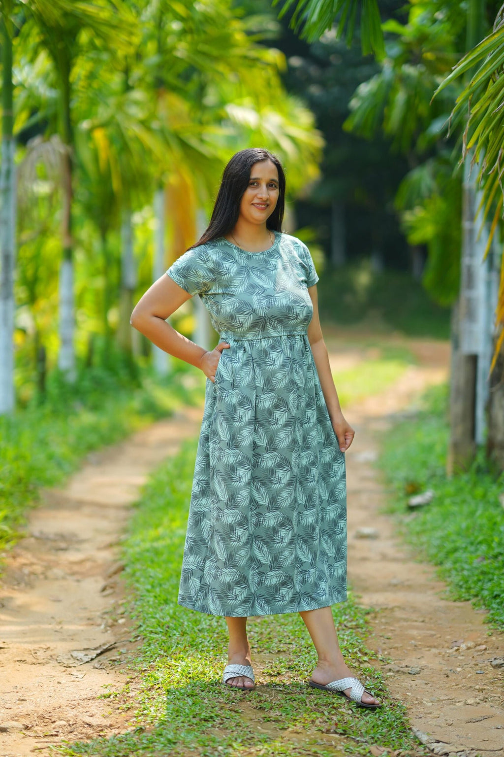 Sea Green Palm Print Comfort Cotton Maternity Dress