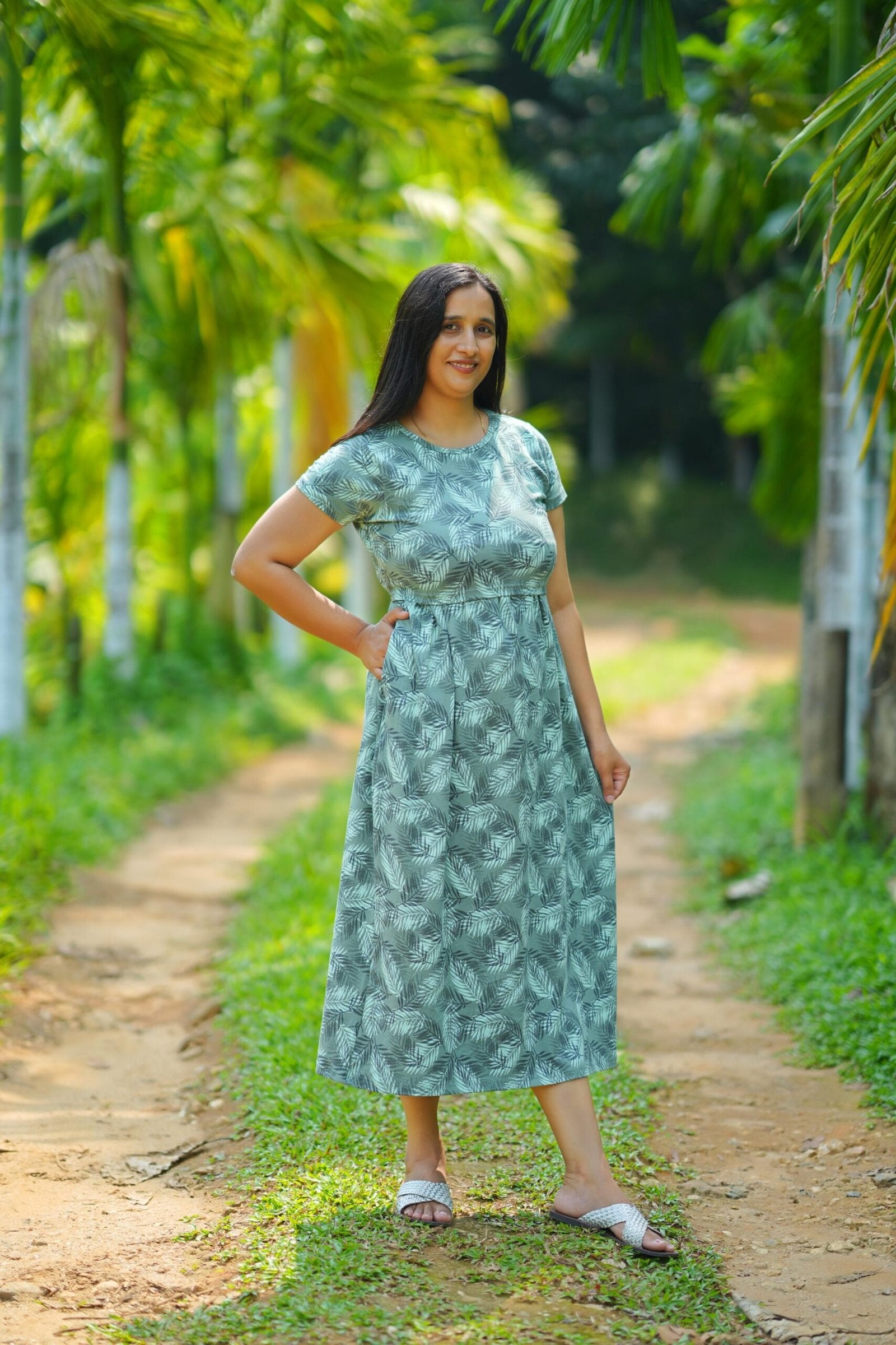 Sea Green Palm Print Comfort Cotton Maternity Dress