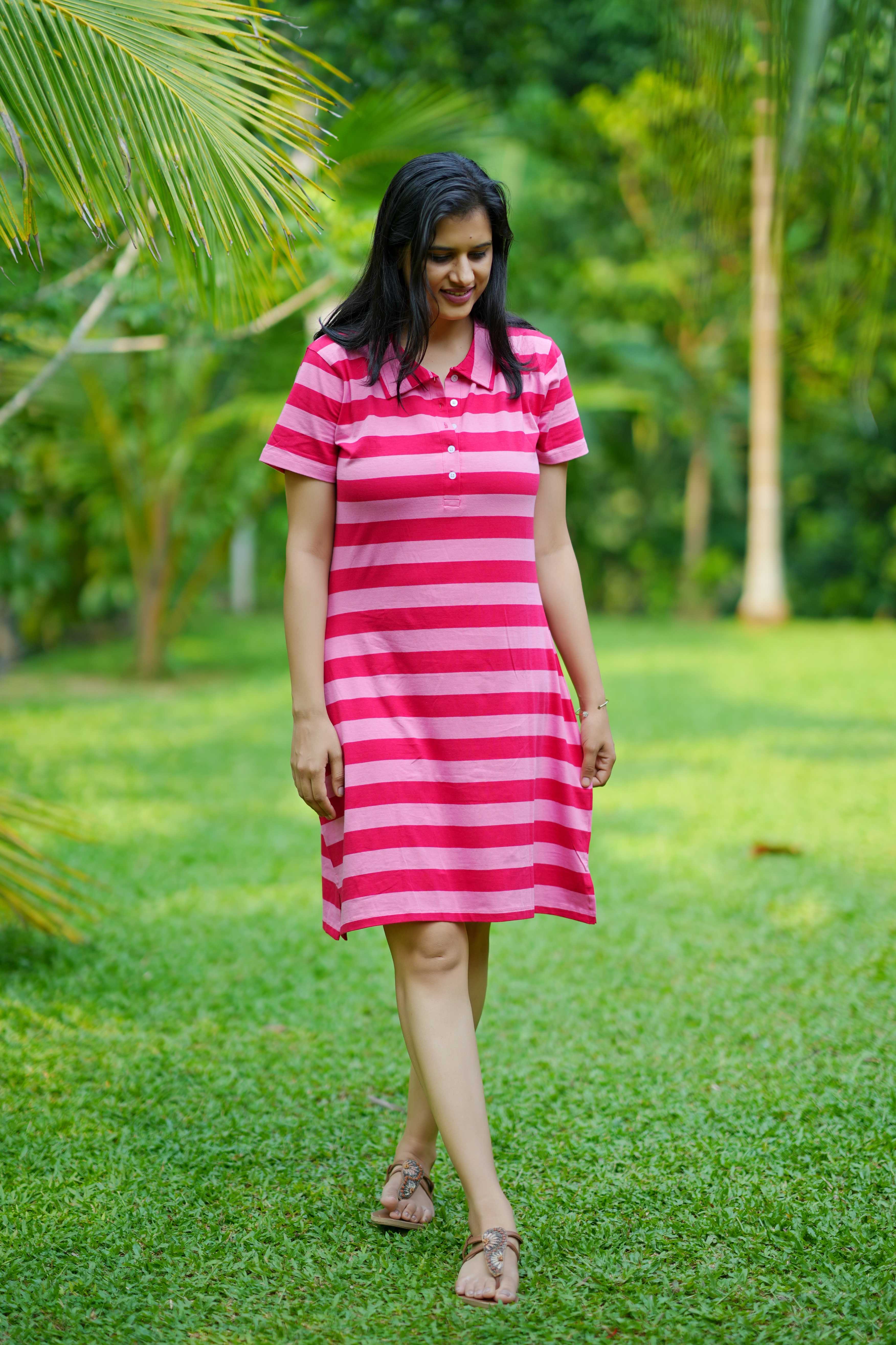 Rosy Stripes Polo Dress - Rose Red and Blush Pink
