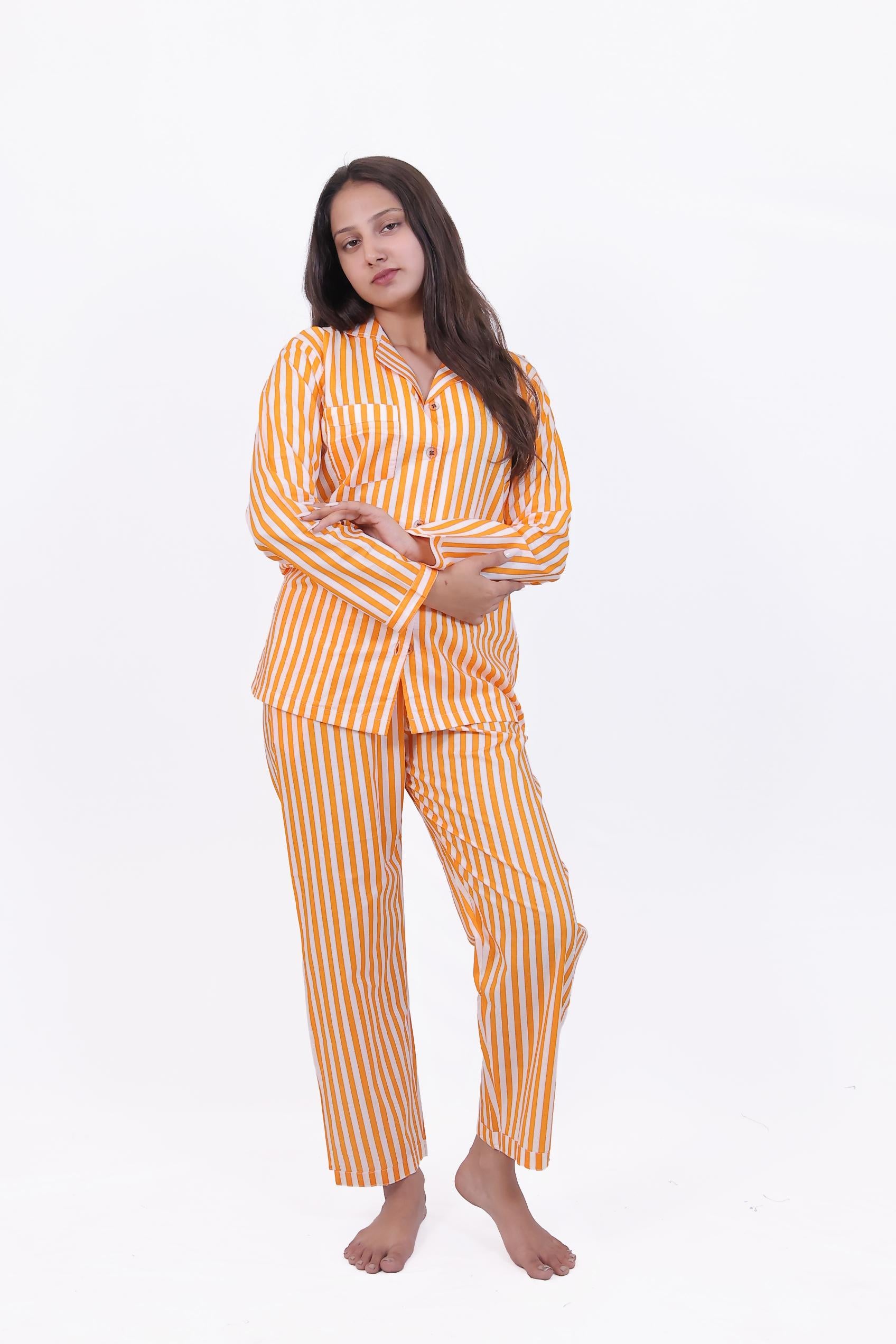 Sunshine Orange Stripe Cotton Night Suit Set
