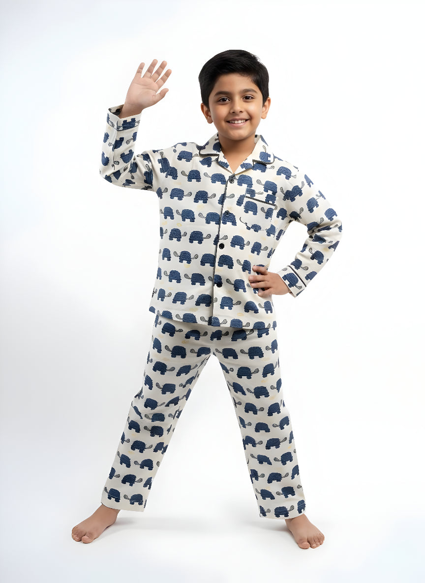 White & Blue Turtle Print Cotton Night Suit