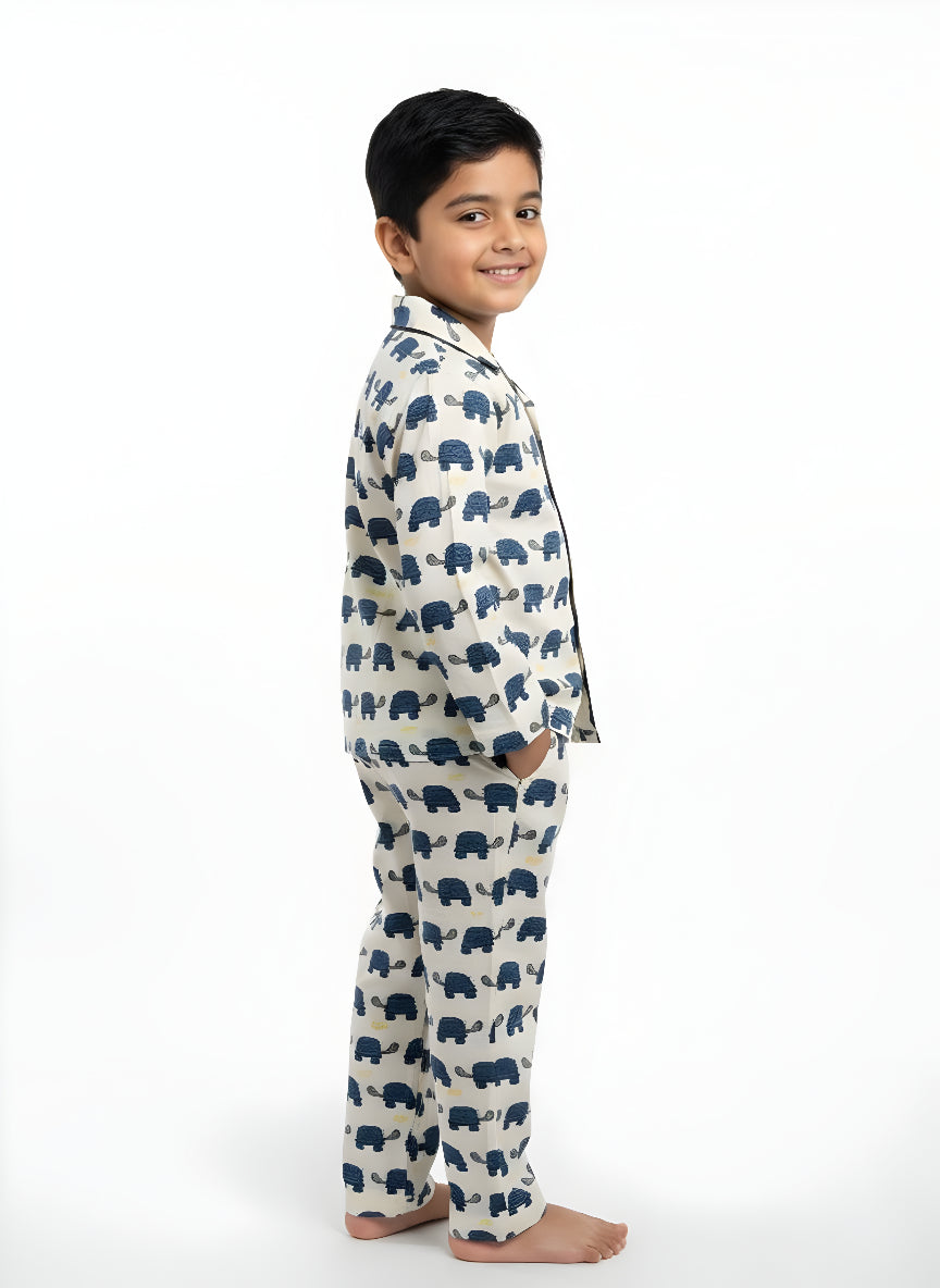 White & Blue Turtle Print Cotton Night Suit