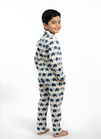 White & Blue Turtle Print Cotton Night Suit