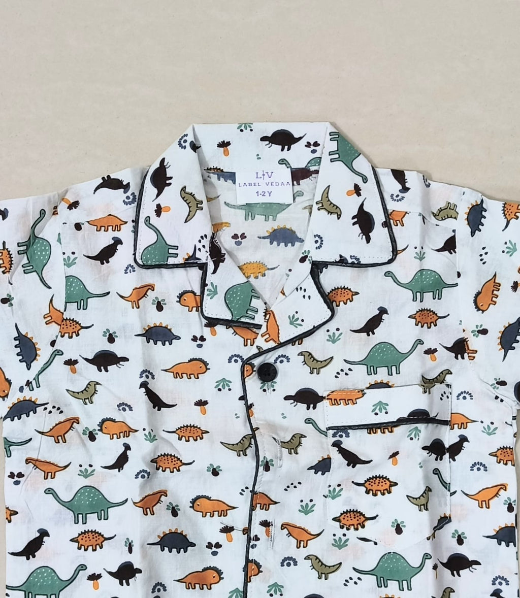 White Dinosaur Print Cotton Night Suit