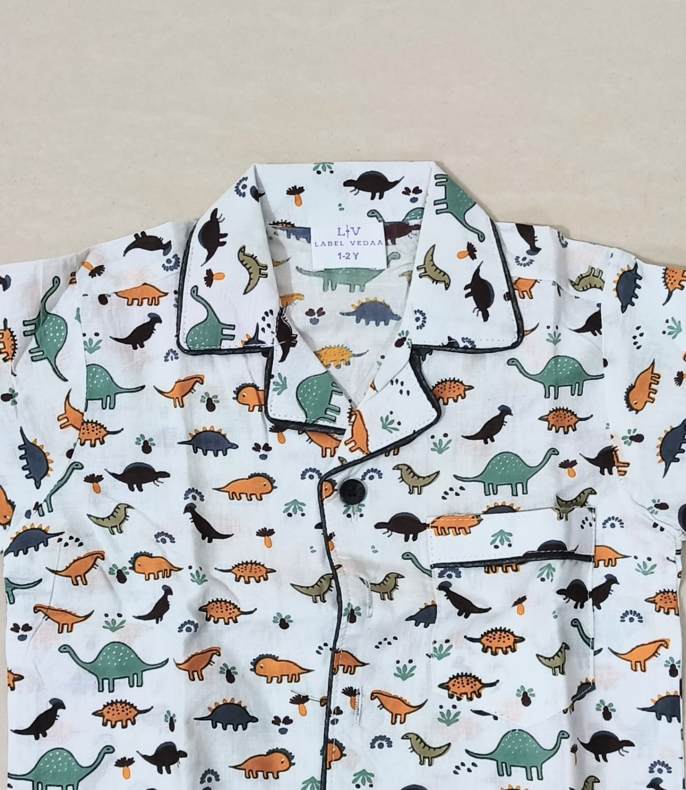 White Dinosaur Print Cotton Night Suit