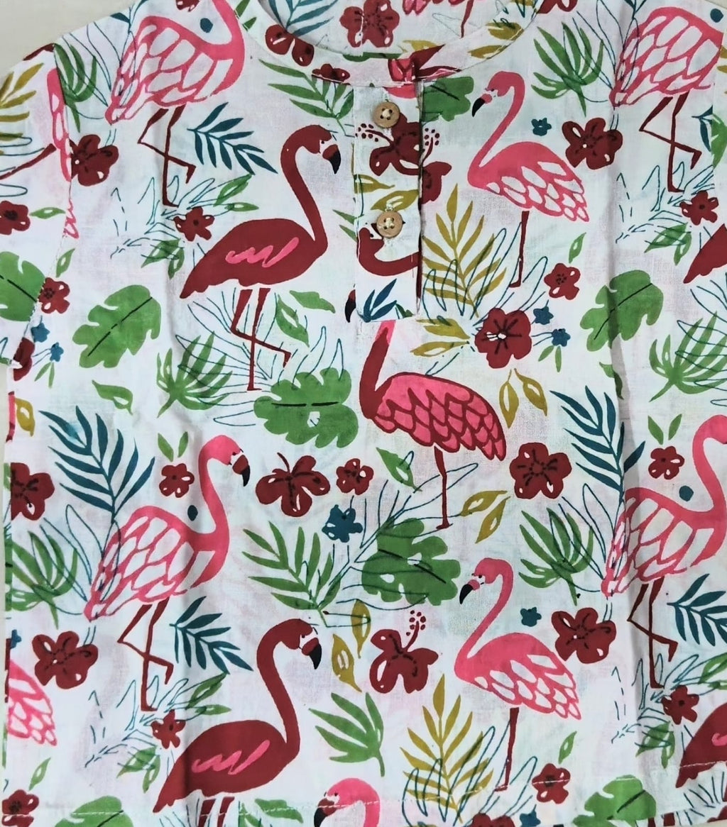 White Flamingo Print Cotton Night Suit