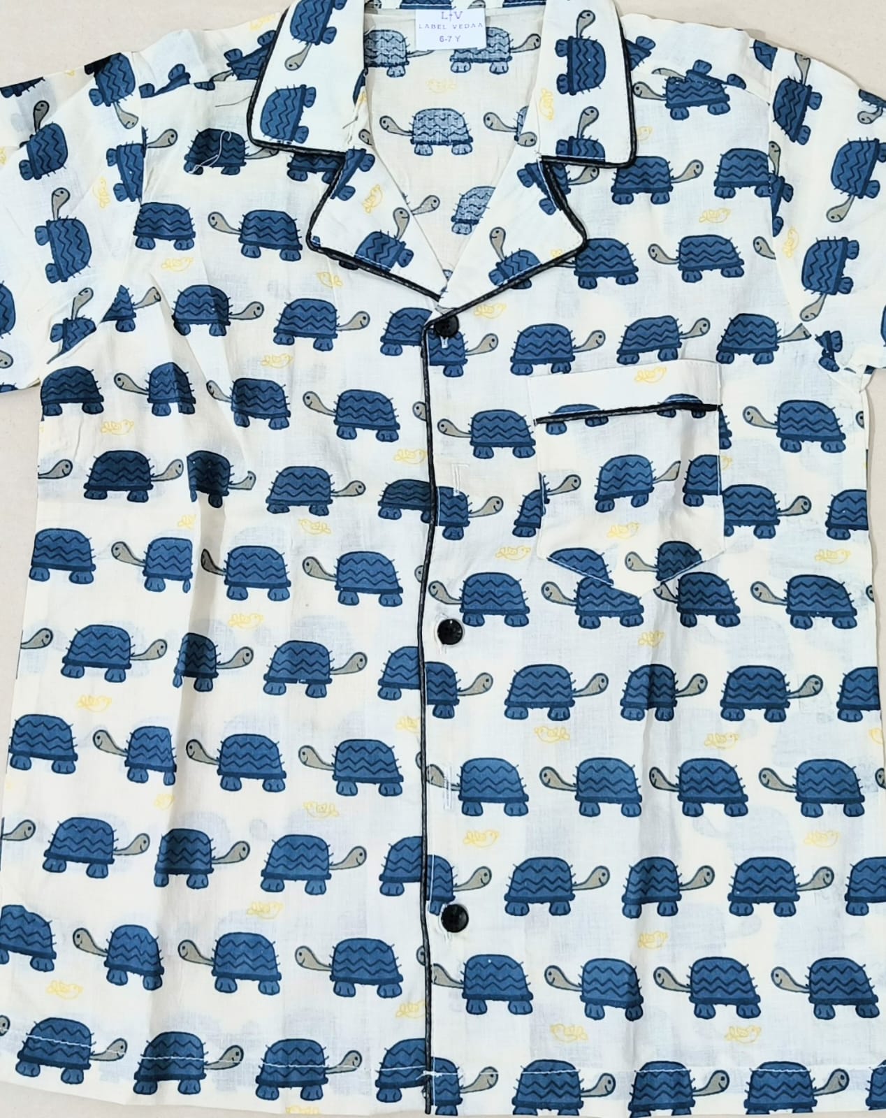 White & Blue Turtle Print Cotton Night Suit