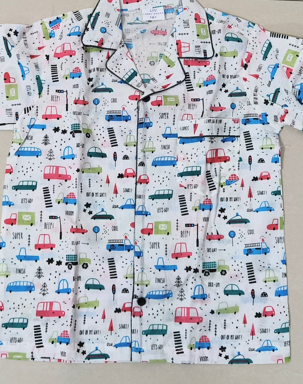White Multi-Car Print Cotton Night Suit