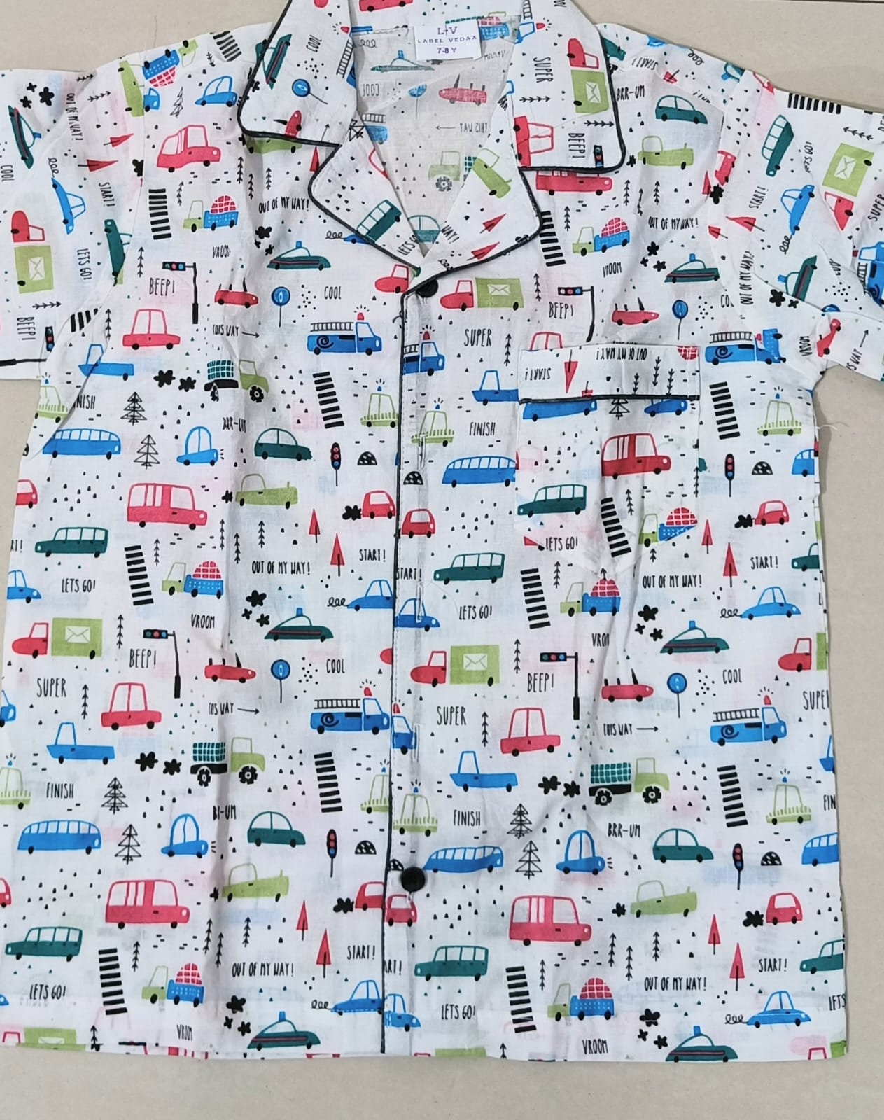 White Multi-Car Print Cotton Night Suit