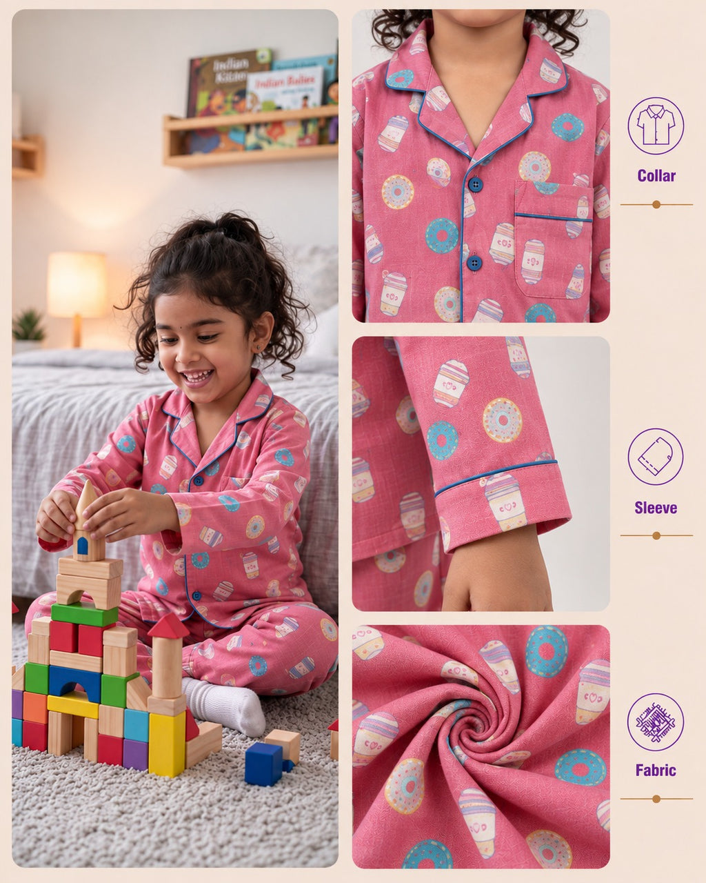 Pink Coffee & Donut Print Cotton Kids's Night Suit