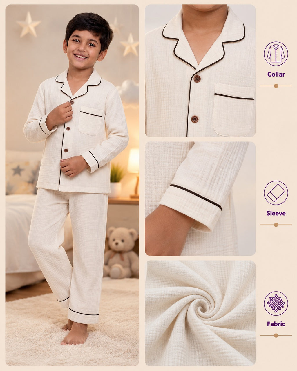 Classic Ivory Muslin Kids Night Suit(Full sleeve)