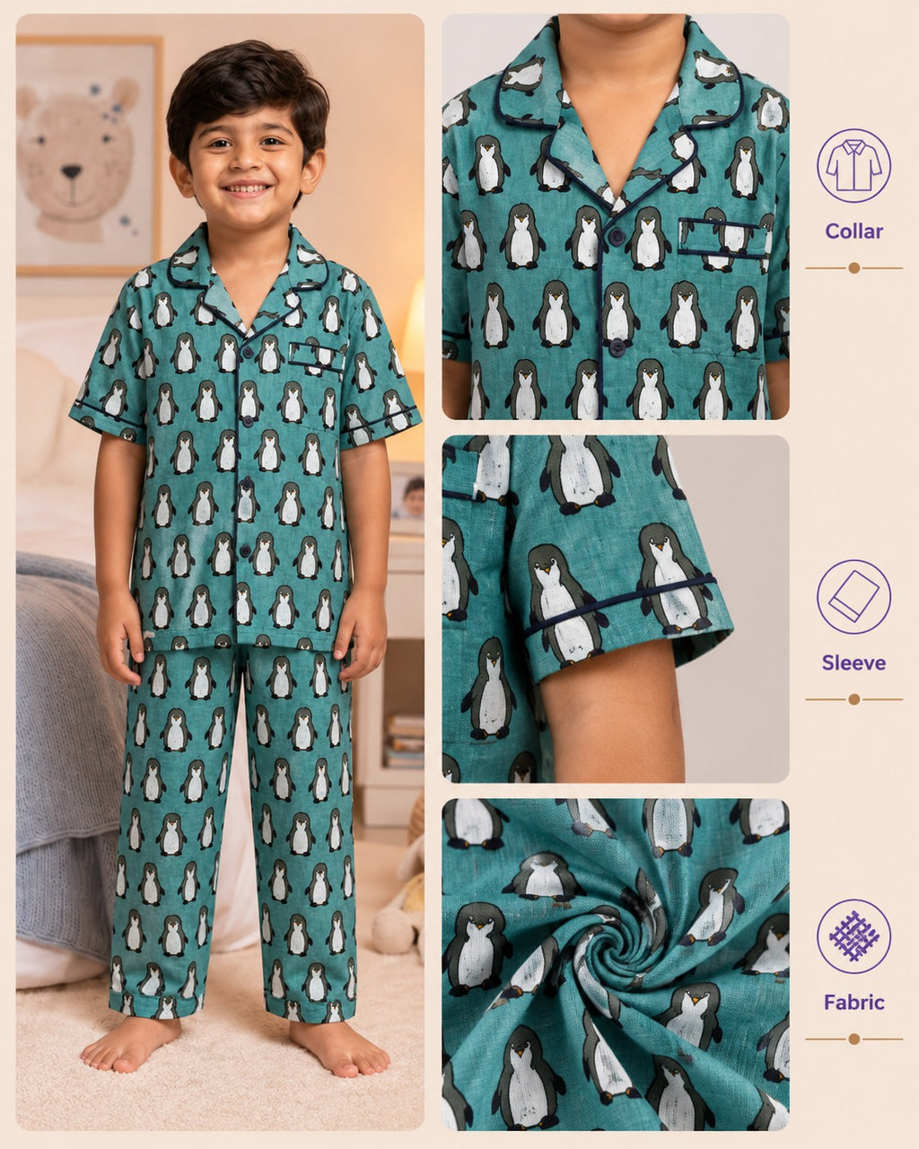 Aqua Penguin Parade Cotton Night Suit