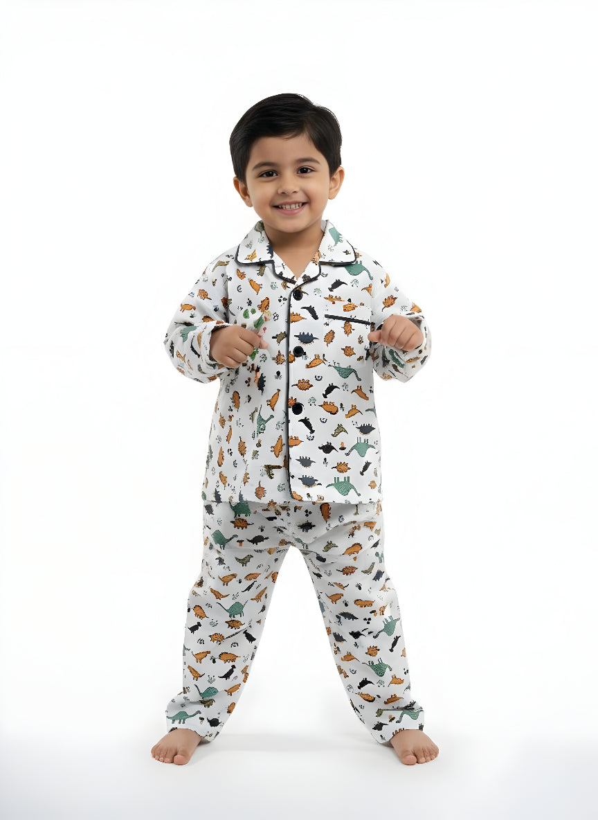 White Dinosaur Print Cotton Night Suit