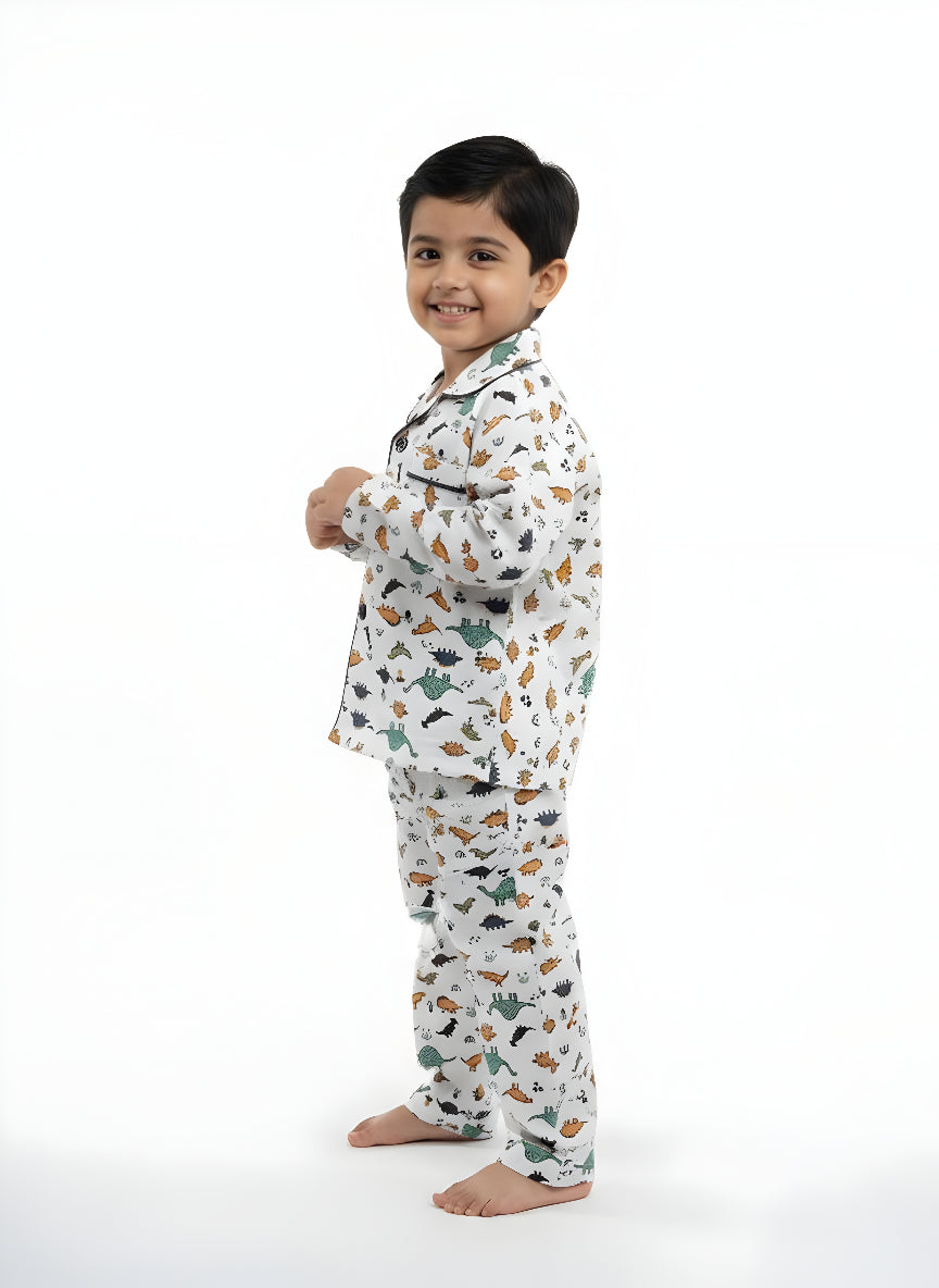 White Dinosaur Print Cotton Night Suit
