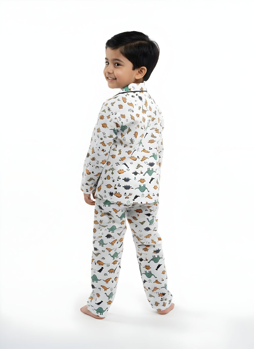 White Dinosaur Print Cotton Night Suit