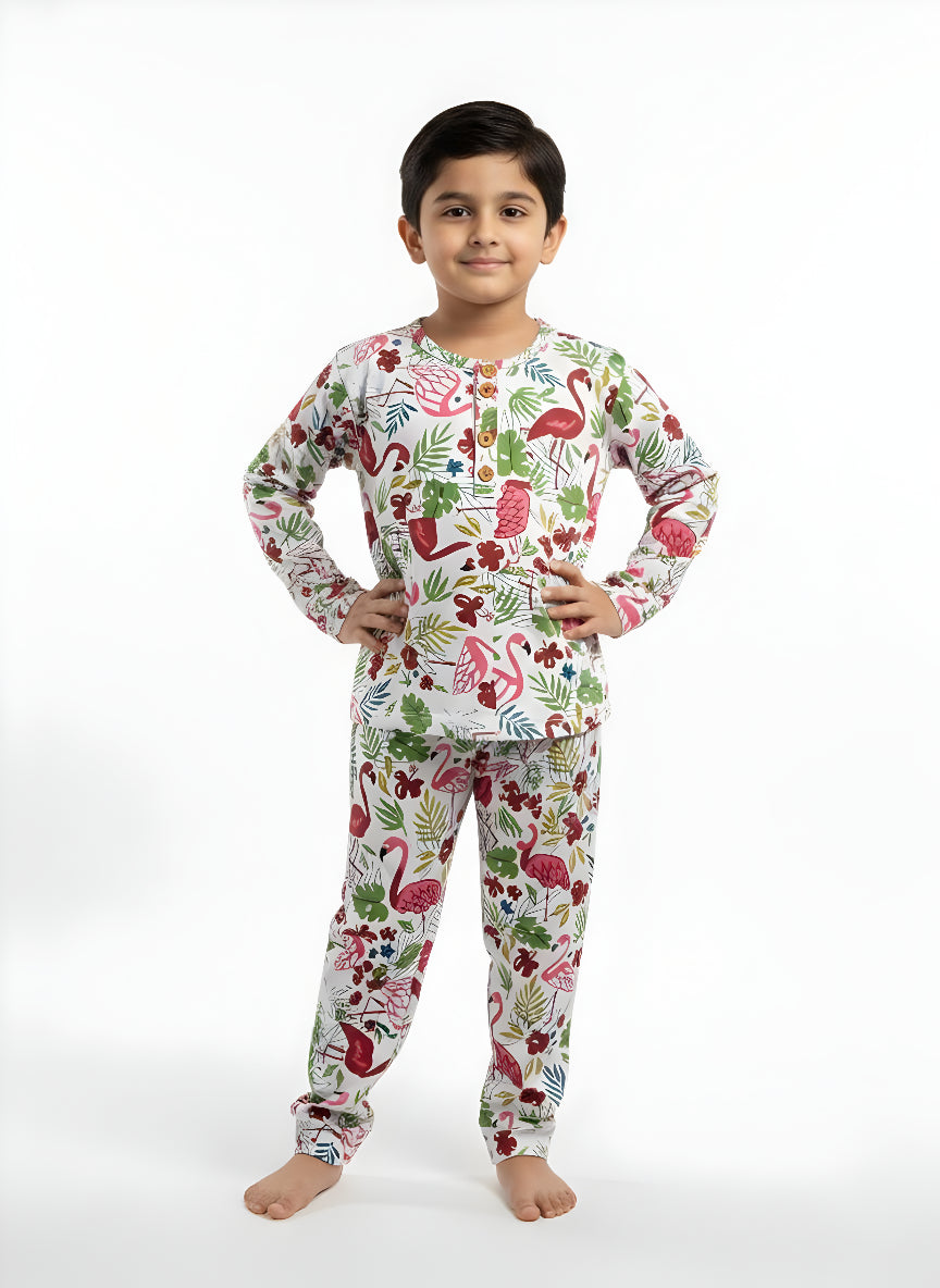 White Flamingo Print Cotton Night Suit