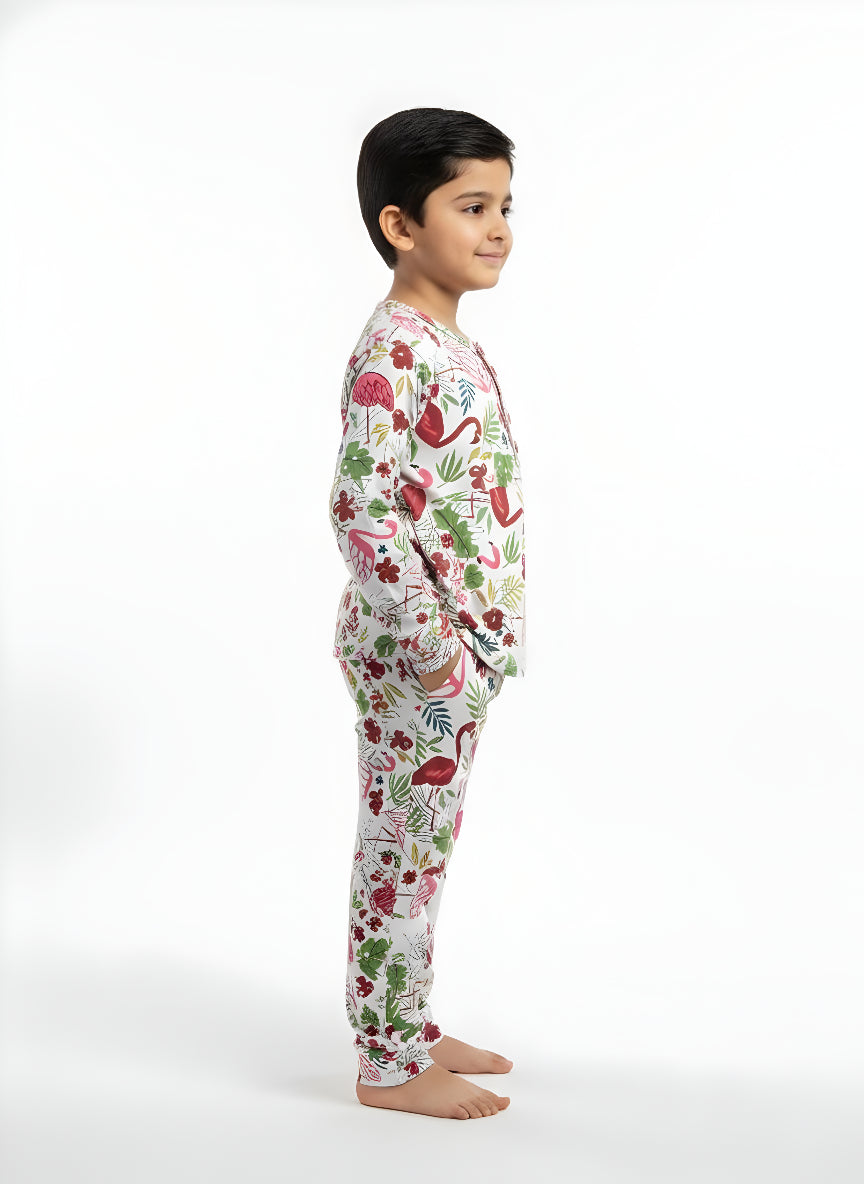 White Flamingo Print Cotton Night Suit