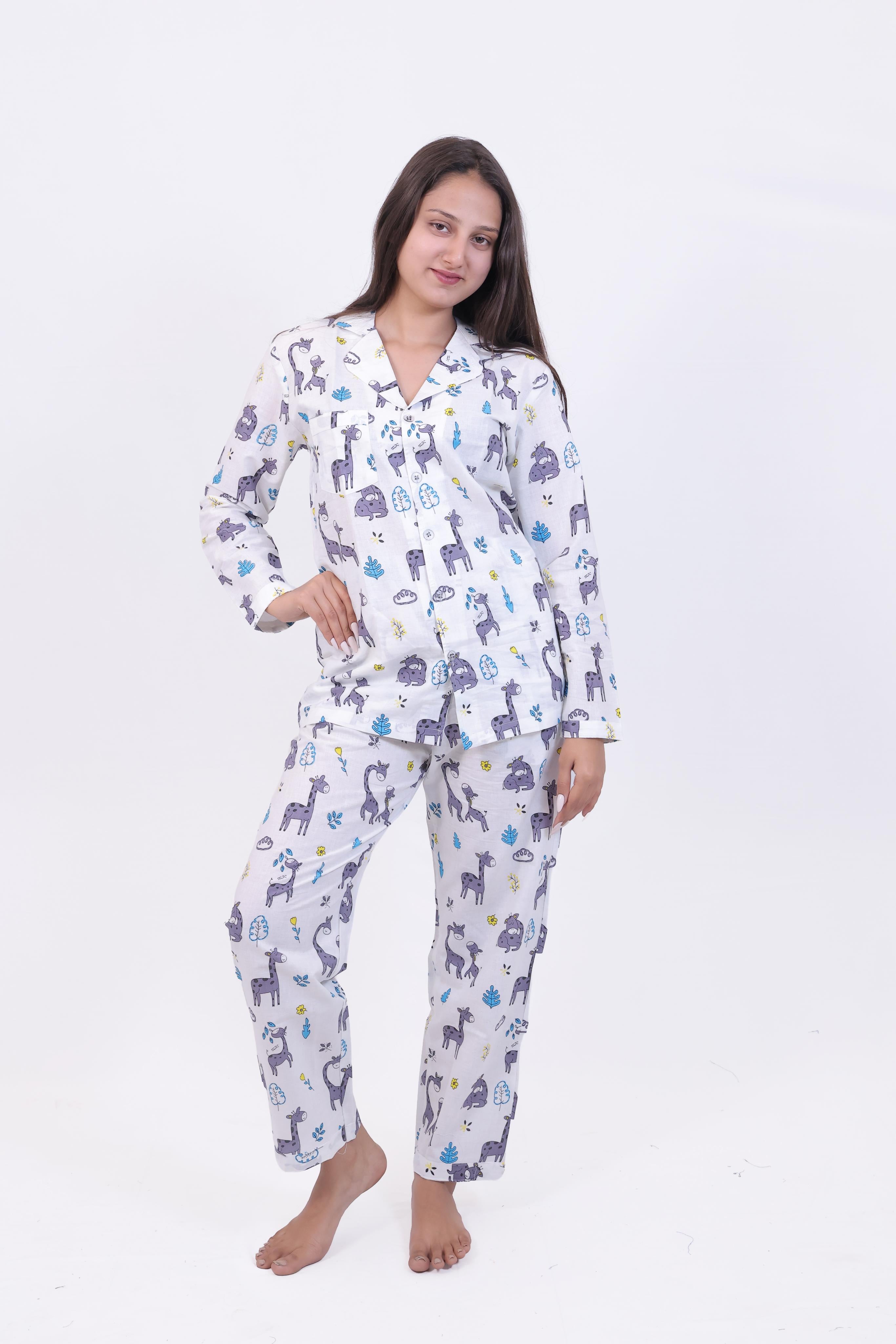 White Safari Animal Print Cotton Night Suit Set