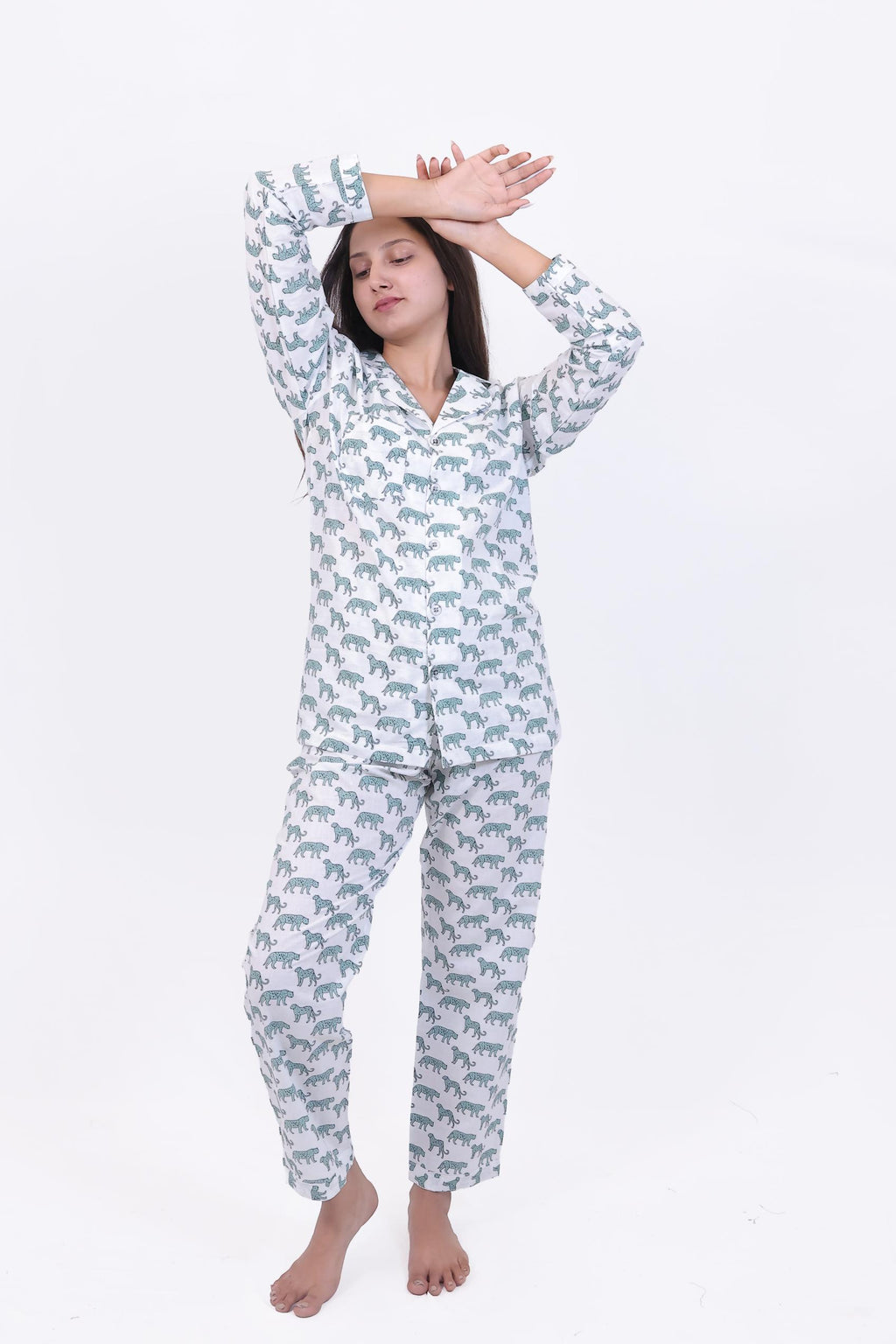 White & Teal Tiger Print Cotton Night Suit Set