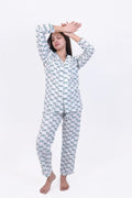 White & Teal Tiger Print Cotton Night Suit Set