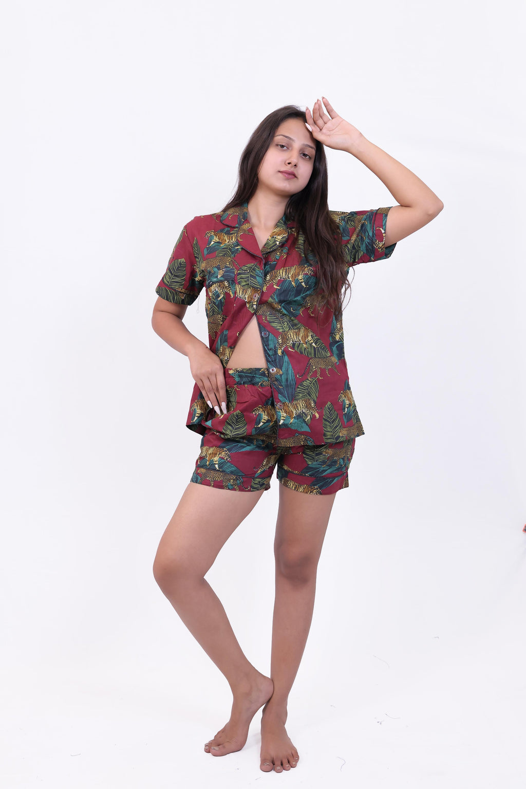Wine Jungle Print Cotton Night Suit Set(Shirt & Shorts)