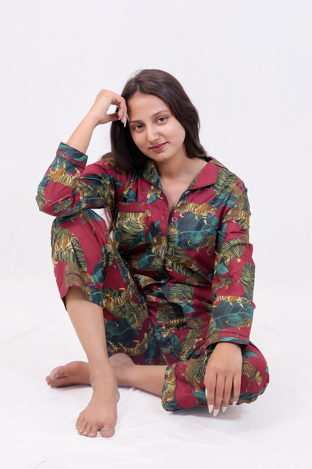 Wine Jungle Print Cotton Night Suit Set