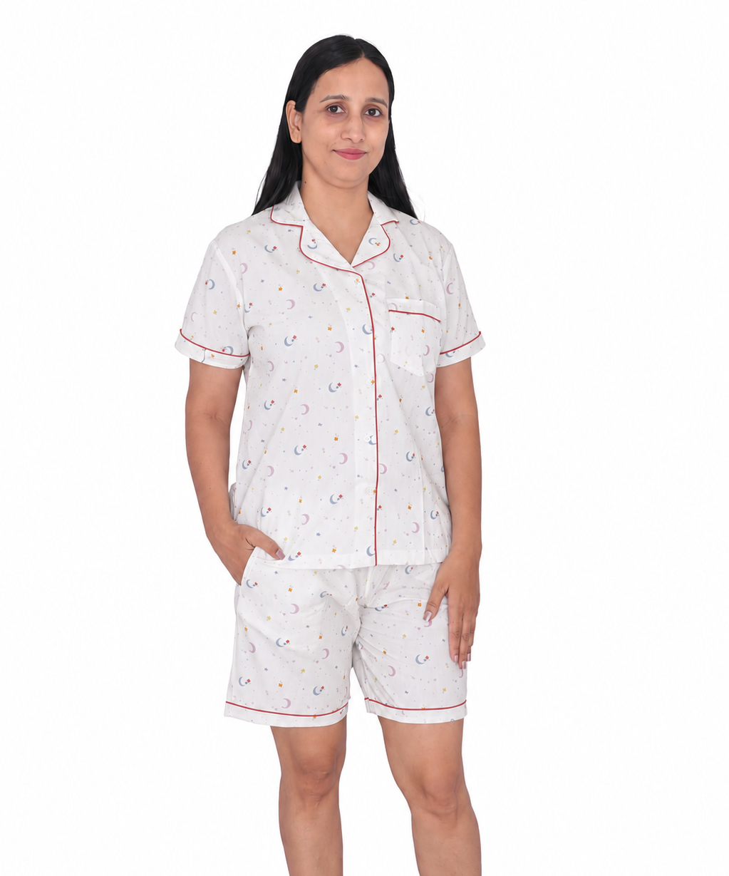 White Moon Print Cotton Night Suit Set