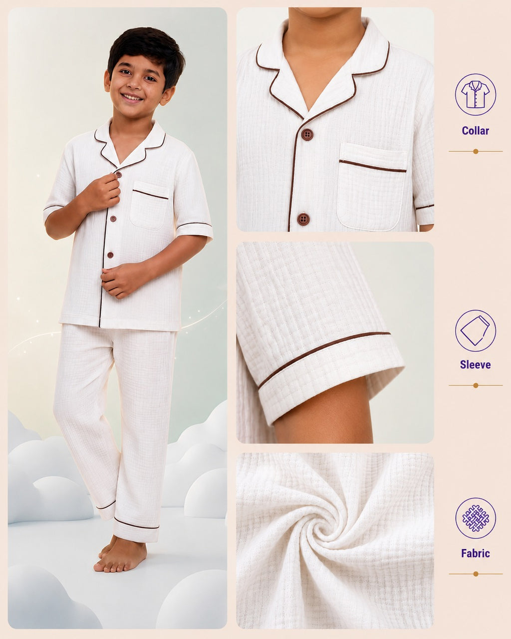 Classic Ivory Muslin Kids Night Suit