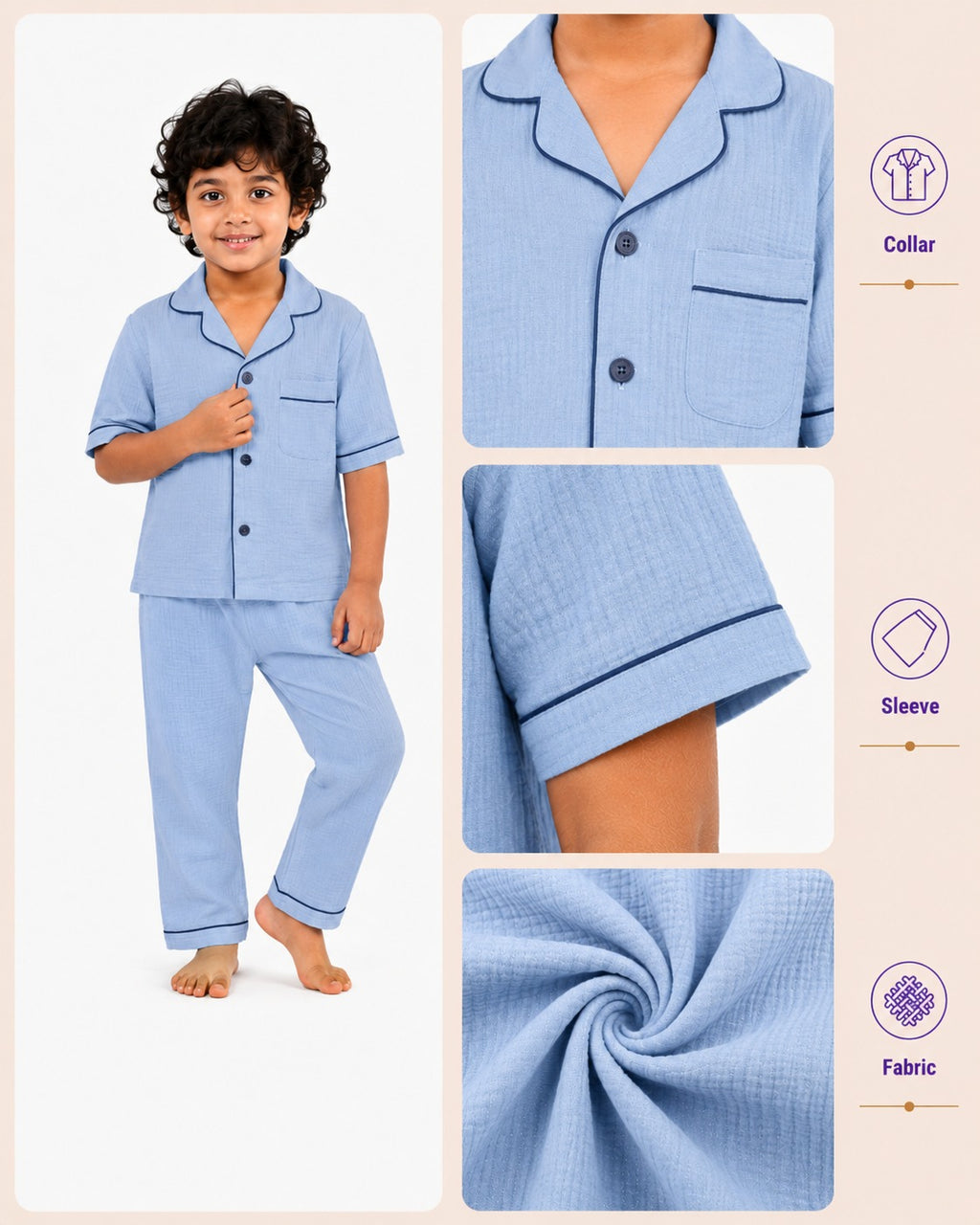 Classic Blue Muslin Kids Night Suit