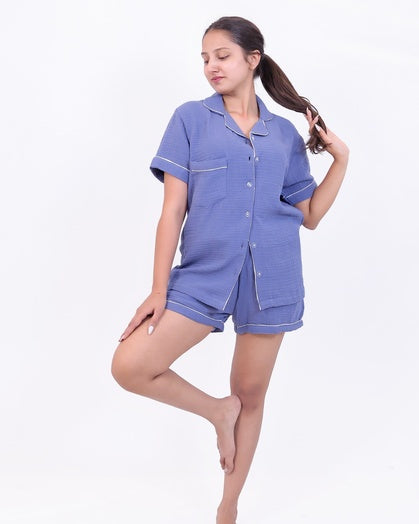 Solid Blue Muslin Cotton Nightwear Set