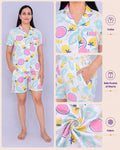 White Tropical Fruit Print Cotton Night Suit Set