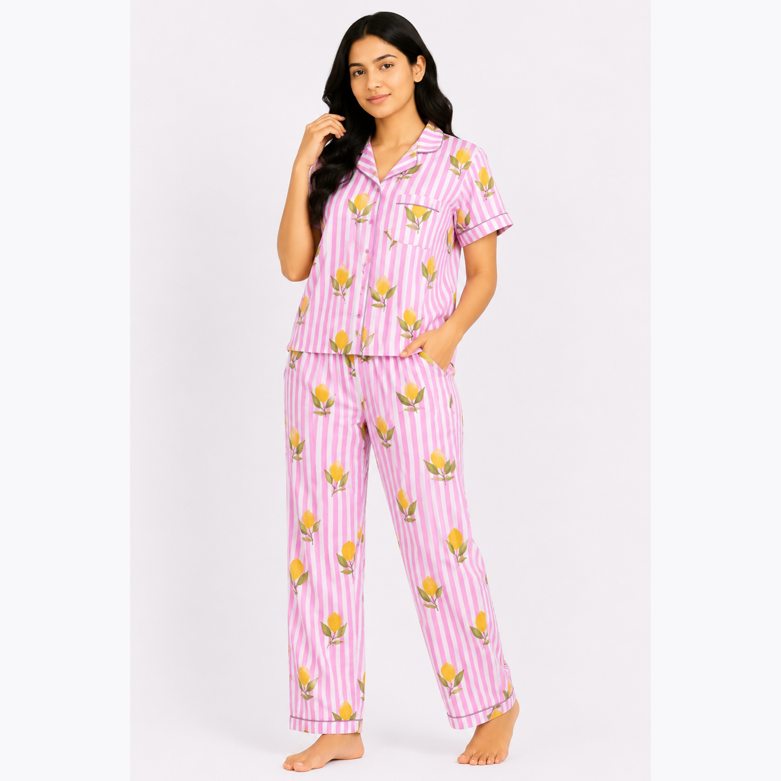 Pink Lemon Print Cotton Women's Night Suit